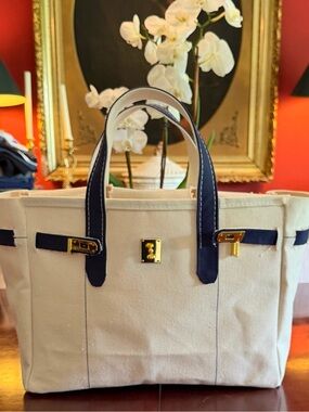 Custom Handmade Canvas Boat-kin Tote Bag Navy Blue Gold Hardware Lock & Key